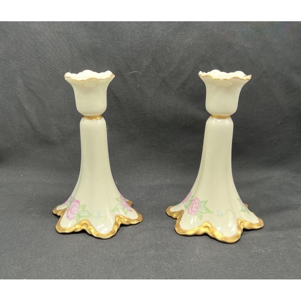 Haviland France Limoges Porcelain Candlestick Holders Pink Rose Gold Trim Set 2 - Picture 4 of 9